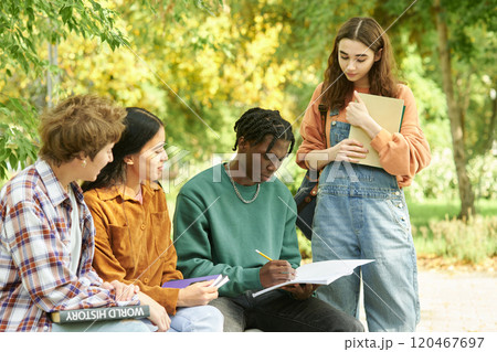 Multi-ethnic group of students collaborating and studying outdoors sitting on a bench in a park, engaging with each other while taking notes 120467697