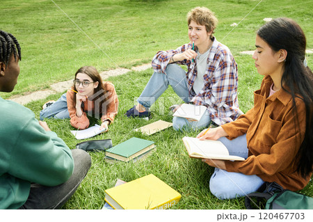 Group of diverse students sitting on grass, engaging in study session. Four friends are collaborating, using notebooks and textbooks while having a relaxed outdoor study break 120467703