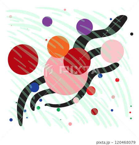 Abstract artwork of swirling lines, overlapping circles, and vibrant colors. Art composition, patterns, dynamic visual 120468079