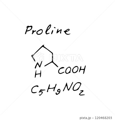 Proline C5H9NO2 molecule formula. Hand drawn imitation of proline structural model Proline C5H9NO2 molecule formula. Hand drawn imitation of proline structural model 120468203