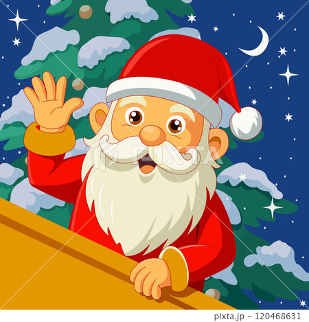 A jolly cartoon Santa peeks out from behind a wall and waves in front of a snow-covered Christmas tree. Bright holiday card. Background for Christmas and New Year. A jolly cartoon Santa peeks out from behind a wall and waves in front of a snow-covered Christmas tree. Bright holiday card. Background for Christmas and New Year. 120468631