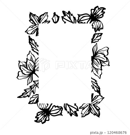 Frame with space for text with hand drawn botanical line art of flowers and leaves. Elegant template for crafting, invitations, and minimalist decor. vector illustration for creative projects. Frame with space for text with hand drawn botanical line art of flowers and leaves. Elegant template for crafting, invitations, and minimalist decor. vector illustration for creative projects. 120468676