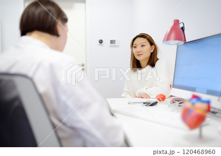 A cardiologist during appointment of patient. Doctor explains about deviations of heart work. Cardiology consultation and treatment A cardiologist during appointment of patient. Doctor explains about deviations of heart work. Cardiology consultation and treatment 120468960