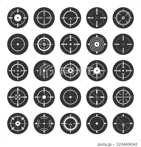 Round sniper rifle sights, weapon optical scope crosshair. Hunting gun viewfinder. Shooting mark symbol, aim. Military target sign. Game interface UI element. Vector illustration Round sniper rifle sights, weapon optical scope crosshair. Hunting gun viewfinder. Shooting mark symbol, aim. Military target sign. Game interface UI element. Vector illustration 120469042
