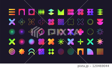 Brutalist geometric shapes, modern symbols. Colorful neon simple primitive elements and forms. Retro design, trendy contemporary minimalist style, y2k. Vector illustration Brutalist geometric shapes, modern symbols. Colorful neon simple primitive elements and forms. Retro design, trendy contemporary minimalist style, y2k. Vector illustration 120469044