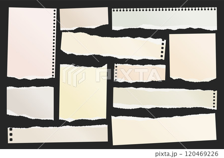 Ripped paper strips. Realistic crumpled paper scraps with torn edges. Shreds of notebook, book or old newspaper pages. Trendy collage elements. Vector illustration 120469226