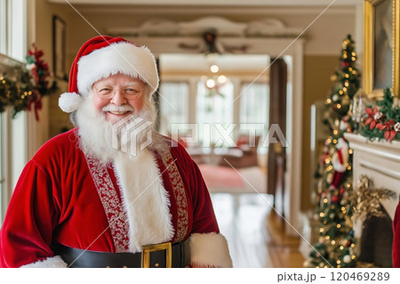 Santa Claus is smiling while standing in a home decorated for Christmas, wearing a red suit and hat 120469289