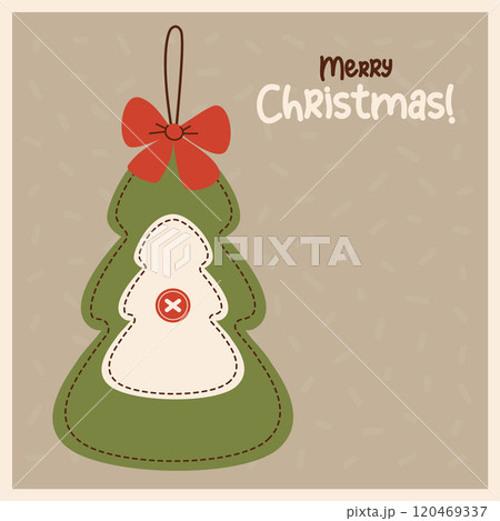 Christmas tree with red bow. Retro handmade Xmas sewn toy. Vintage holiday square card. Vector illustration. 120469337