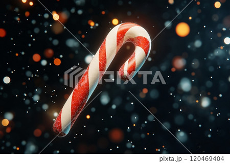 Single red and white candy cane is suspended in mid air against a dark background with falling snow and twinkling lights 120469404