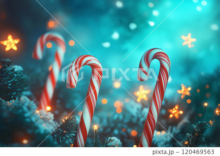 Christmas candy canes glowing in front of a vibrant blue background with christmas lights and bokeh 120469563