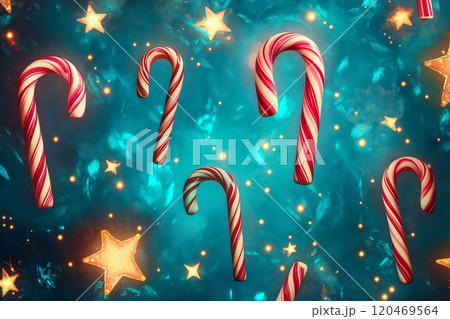 Christmas candy canes floating on a vibrant blue background with golden stars and magical lights, creating a festive holiday atmosphere 120469564