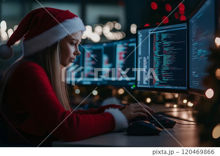 Software developer is working late on christmas...のイラスト素材 [120469866 ...