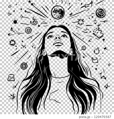 Mystical portrait of a young woman, meditative calm magical lady's face isolated on white background 120470387