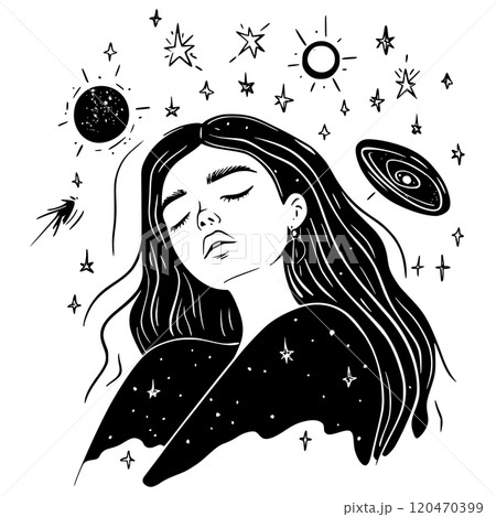 Mystical portrait of a young woman, meditative calm magical lady's face isolated on white background 120470399