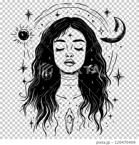Mystical portrait of a young woman, meditative calm magical lady's face isolated on white background 120470409