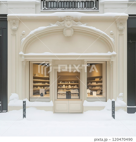 Beige winter shop front mockup, small store facade template for branding and business presentation, view of big window in European street 120470490