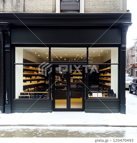 Black shop front mockup, small store facade template for branding and business presentation, view of big window in European street 120470493