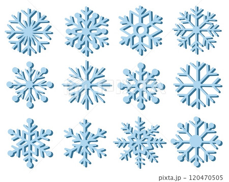 A collection of stylized blue snowflake designs on a clean white background, showcasing unique and symmetrical patterns. Concept of winter, nature, and decoration. Vector illustration A collection of stylized blue snowflake designs on a clean white background, showcasing unique and symmetrical patterns. Concept of winter, nature, and decoration. Vector illustration 120470505