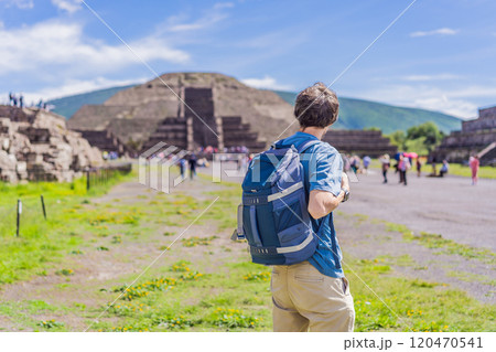 Male tourist exploring Teotihuacan, Mexico. Cultural heritage, ancient ruins, and archaeological adventure concept 120470541