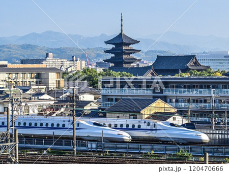 東寺をバックに姉妹の新幹線が走る 京都鉄道博物館からの絶景 東寺をバックに姉妹の新幹線が走る 京都鉄道博物館からの絶景 120470666
