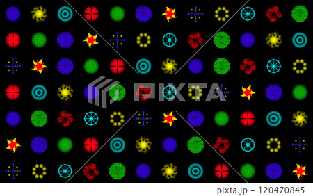 Multicolored background consisting of various elements. A large number of bright elements are arranged in rows on a black background. 120470845