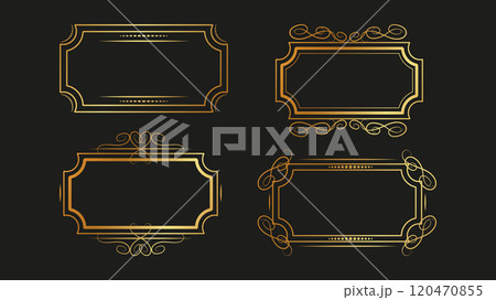 Vintage gold frames dark background swirls lines. For book covers, magazines, postcards, invitations, certificates, business cards. Vector illustration. 120470855