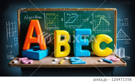 教育現場にあるアルファベットや数式が書かれた黒板 120471356