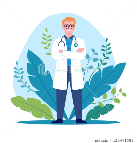 Friendly Male Doctor Cartoon Character Standing Crossing Hands with Floral Plant Decoration 120471592