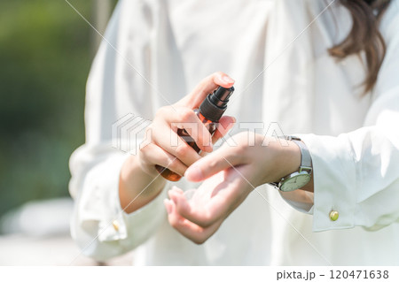 香水スプレー・UVケア・ミスト化粧水・香水・デオドラントミストする女性 香水スプレー・UVケア・ミスト化粧水・香水・デオドラントミストする女性 120471638