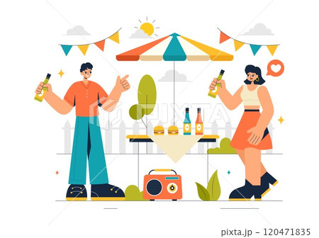 Neighborhood Events Vector Illustration featuring Friends and Family Celebrating Holidays with an Outdoor Party, Local Food Festival, and a BBQ Table 120471835