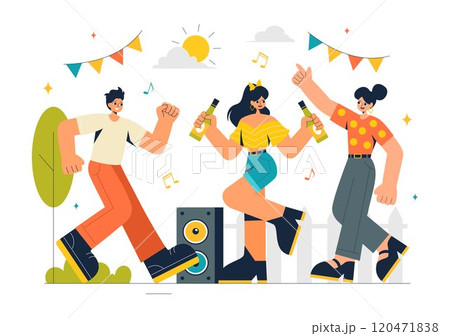 Neighborhood Events Vector Illustration featuring Friends and Family Celebrating Holidays with an Outdoor Party, Local Food Festival, and a BBQ Table Neighborhood Events Vector Illustration featuring Friends and Family Celebrating Holidays with an Outdoor Party, Local Food Festival, and a BBQ Table 120471838