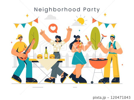 Neighborhood Events Vector Illustration featuring Friends and Family Celebrating Holidays with an Outdoor Party, Local Food Festival, and a BBQ Table 120471843