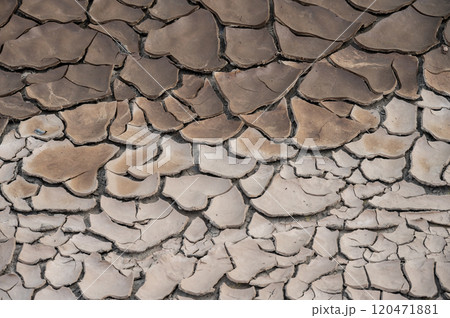Full frame shot of mudcrack surface and background. Crack formation also occurs in clay-bearing soils as a result of a reduction in water content. Full frame shot of mudcrack surface and background. Crack formation also occurs in clay-bearing soils as a result of a reduction in water content. 120471881