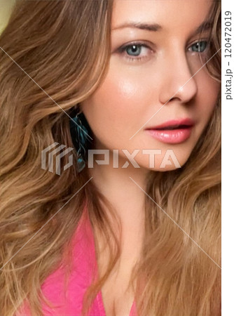 Beauty, fashion look and hairstyle, face portrait of beautiful woman wearing pink dress and blue earrings jewellery, for skincare cosmetics, hair care, glamour style close-up 120472019