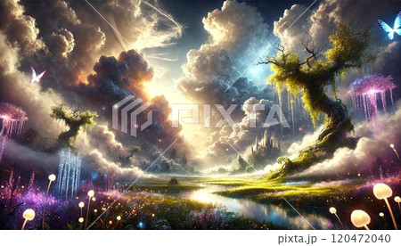 幻想的なファンタジーの世界、光る花々と雲の中の魔法の風景 120472040
