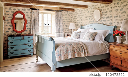 Cottage bedroom decor, interior design and holiday rental, bed with elegant bedding linen and antique furniture, English country house and farmhouse style idea 120472222