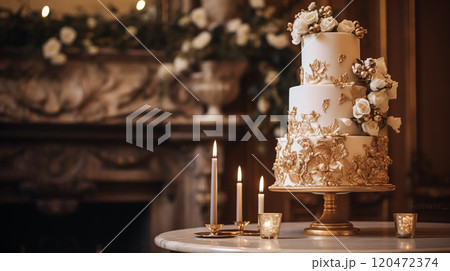 Wedding cake design, autumnal dessert styling and holiday decoration, multi-tier cake for an autumn event venue, food catering service and elegant country decor, cottage style inspiration 120472374