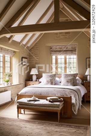 Antique cottage bedroom decor, interior design and holiday rental, bed with elegant bedding and furniture, English country house style, post-processed, generative ai 120472429