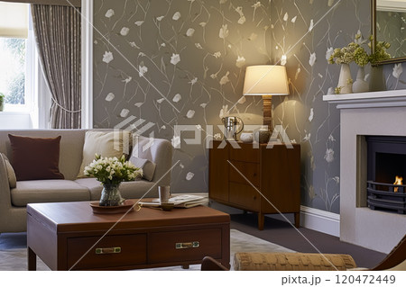 Lounge room decor, interior design and house improvement, living room with floral wallpaper, furniture, sofa and home decor, country cottage style, post-processed, generative ai 120472449