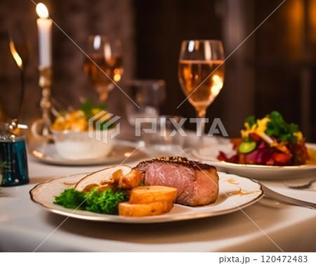 Luxury food service, main course served at a restaurant or formal dinner event in classic English style in the luxurious hotel or country estate, post-processed, generative ai 120472483
