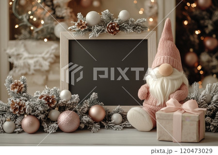 A blackboard with a gnome sitting on it and a box of presents 120473029