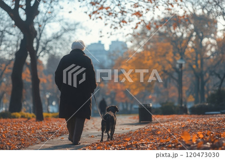 A woman and her dog are walking in a park 120473030
