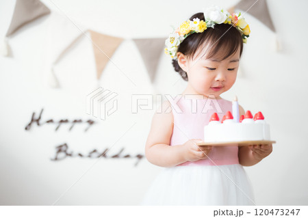 おもちゃの誕生日ケーキを持つ2歳児 120473247
