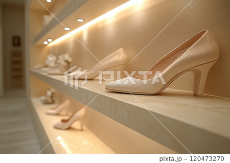 A pair of white shoes with glitter on the toe sits on a shelf in a store 120473270