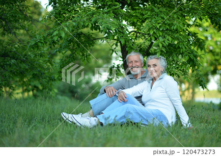 Portrait of senior couple sitting on the grass in the park Portrait of senior couple sitting on the grass in the park 120473273