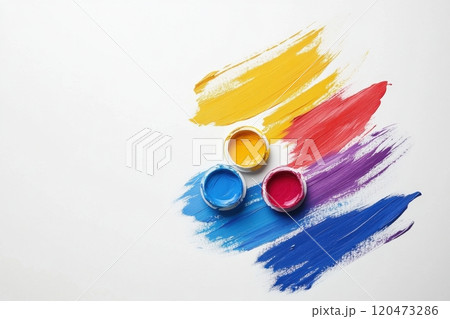 A painting with three different colored paint tubes and a brush 120473286