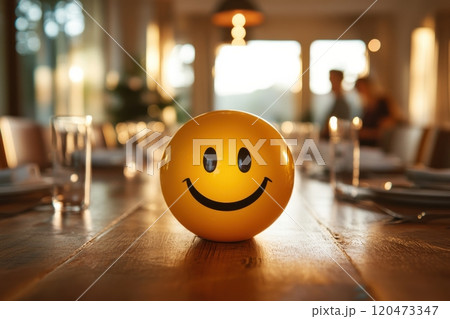 A yellow smiley face is sitting on a wooden table 120473347
