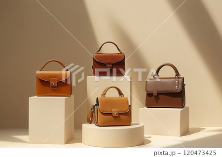 Four brown handbags are displayed on pedestals, each with a different design 120473425