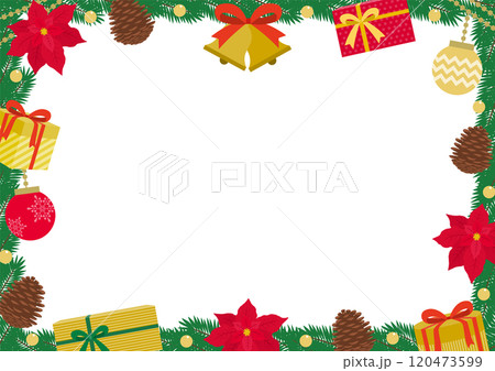 ベルやポインセチアで飾りつけたクリスマスリースのフレームイラスト ベルやポインセチアで飾りつけたクリスマスリースのフレームイラスト 120473599