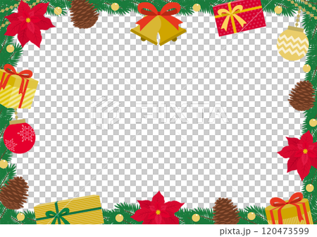 ベルやポインセチアで飾りつけたクリスマスリースのフレームイラスト ベルやポインセチアで飾りつけたクリスマスリースのフレームイラスト 120473599